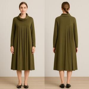 Stella Marina Collezione Olive Green Pleated Dress Cozy Cowl Neck Est. L/XL